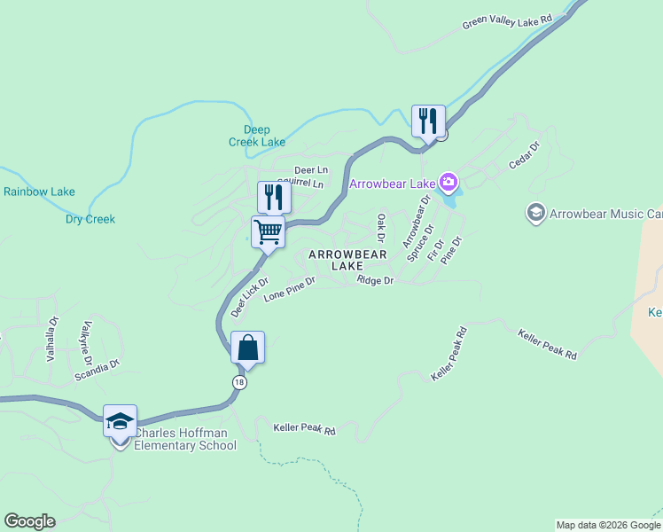 map of restaurants, bars, coffee shops, grocery stores, and more near 2451 Independence Lane in Running Springs