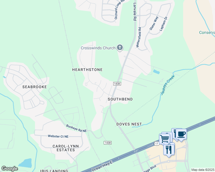map of restaurants, bars, coffee shops, grocery stores, and more near 1220 Springvale Terrace Court in Leland