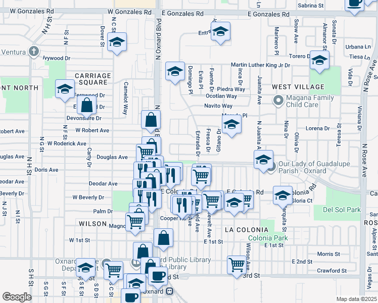 map of restaurants, bars, coffee shops, grocery stores, and more near 351 Huerta Street in Oxnard
