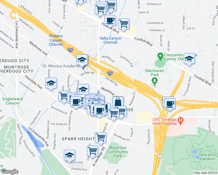 map of restaurants, bars, coffee shops, grocery stores, and more near 2242 Montrose Avenue in La Crescenta-Montrose