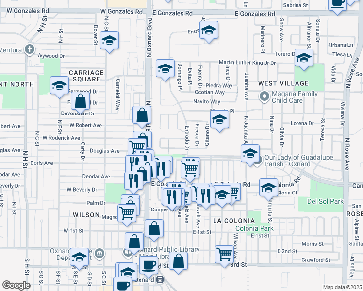 map of restaurants, bars, coffee shops, grocery stores, and more near 371 Huerta Street in Oxnard