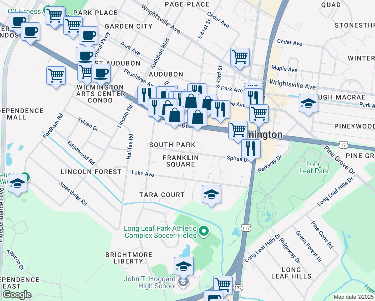 map of restaurants, bars, coffee shops, grocery stores, and more near 4193 Spirea Drive in Wilmington
