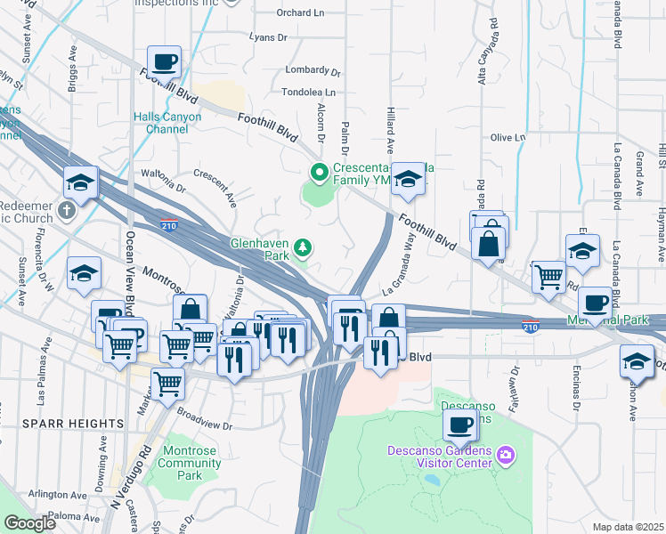 map of restaurants, bars, coffee shops, grocery stores, and more near 4343 Vista Place in La Cañada Flintridge