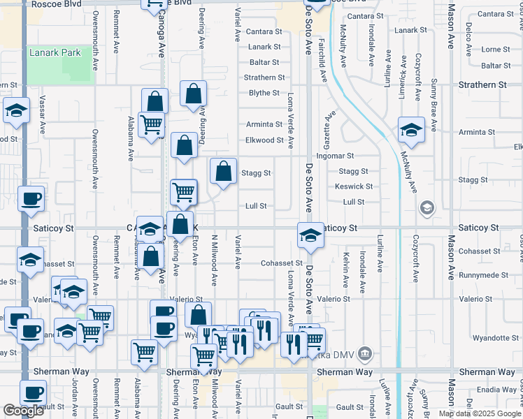 map of restaurants, bars, coffee shops, grocery stores, and more near 21018 Lull Street in Los Angeles
