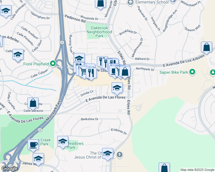 map of restaurants, bars, coffee shops, grocery stores, and more near 2241 Olivewood Drive in Thousand Oaks