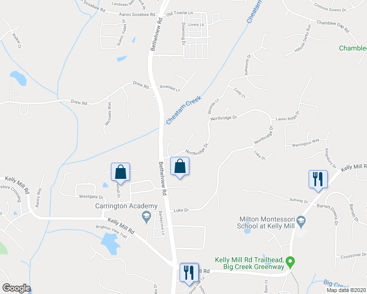 map of restaurants, bars, coffee shops, grocery stores, and more near 3915 Northridge Drive in Cumming