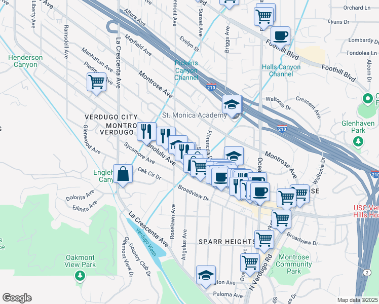 map of restaurants, bars, coffee shops, grocery stores, and more near 2527 Hermosa Avenue in La Crescenta-Montrose
