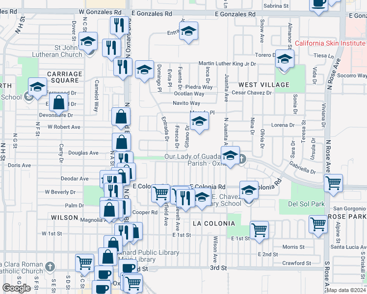 map of restaurants, bars, coffee shops, grocery stores, and more near 721 Gitano Drive in Oxnard
