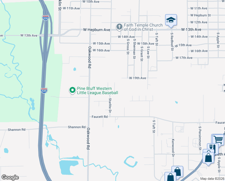 map of restaurants, bars, coffee shops, grocery stores, and more near 1916 Starlite Drive in Pine Bluff