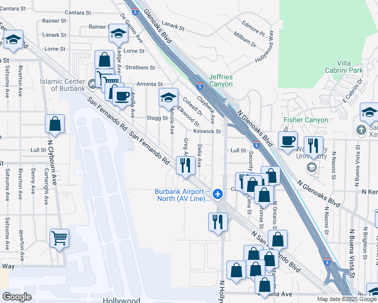 map of restaurants, bars, coffee shops, grocery stores, and more near 7616 Greg Avenue in Los Angeles