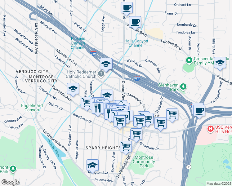 map of restaurants, bars, coffee shops, grocery stores, and more near 2304 Montrose Avenue in La Crescenta-Montrose
