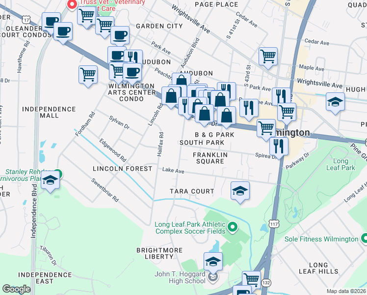 map of restaurants, bars, coffee shops, grocery stores, and more near 4108 Spirea Drive in Wilmington