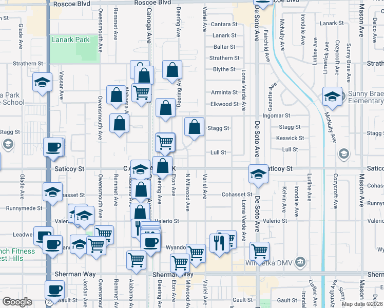 map of restaurants, bars, coffee shops, grocery stores, and more near 7634 Milwood Avenue in Los Angeles