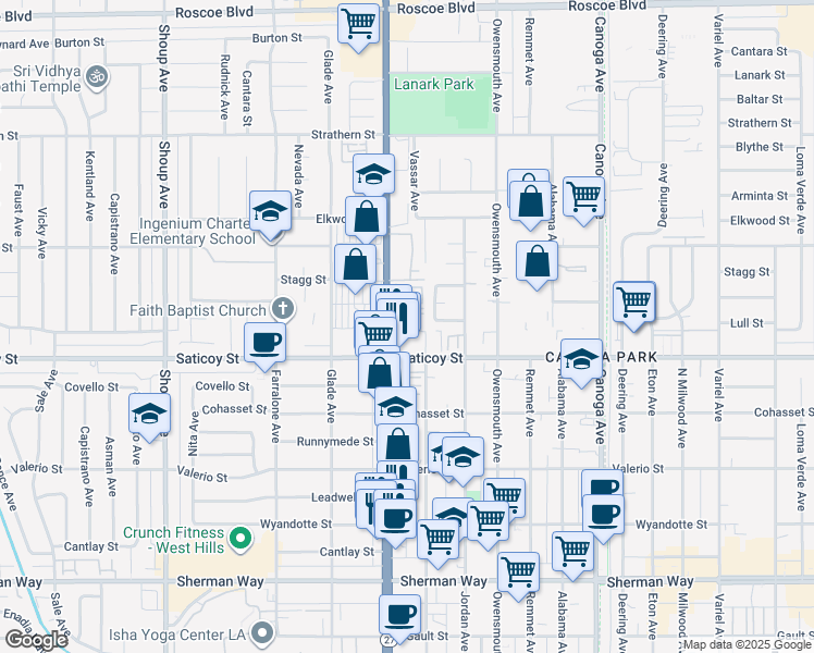 map of restaurants, bars, coffee shops, grocery stores, and more near 7650 Topanga Canyon Boulevard in Los Angeles
