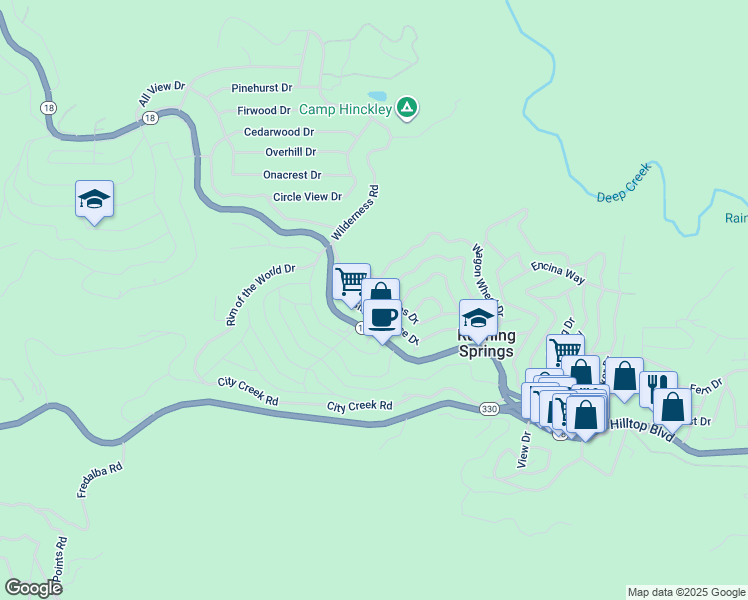map of restaurants, bars, coffee shops, grocery stores, and more near 31595 Luring Pines Drive in Running Springs
