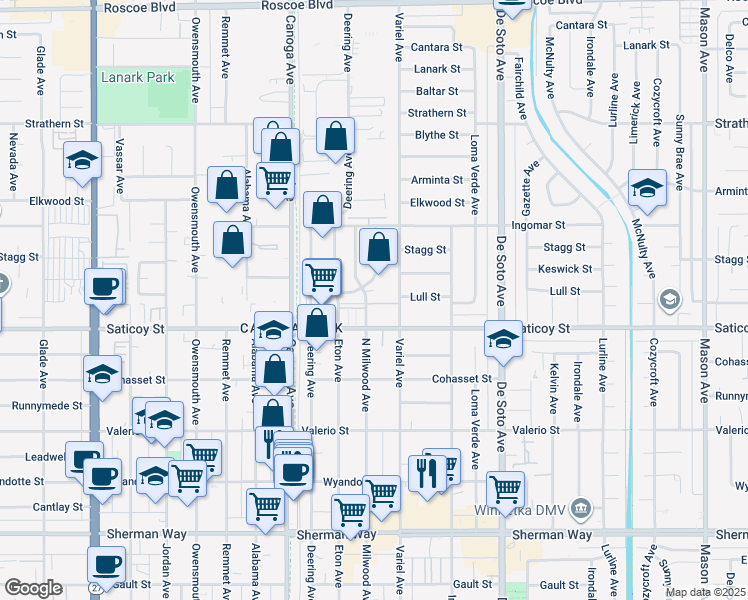 map of restaurants, bars, coffee shops, grocery stores, and more near 7634 Milwood Avenue in Los Angeles