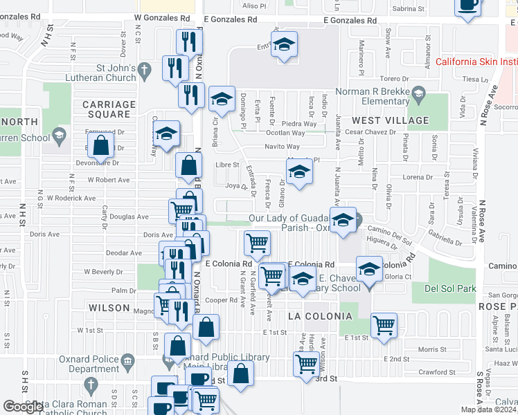 map of restaurants, bars, coffee shops, grocery stores, and more near 718 Entrada Drive in Oxnard