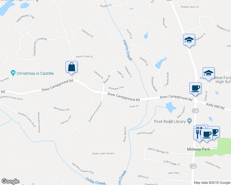 map of restaurants, bars, coffee shops, grocery stores, and more near 3855 Rilandite Cove in Cumming
