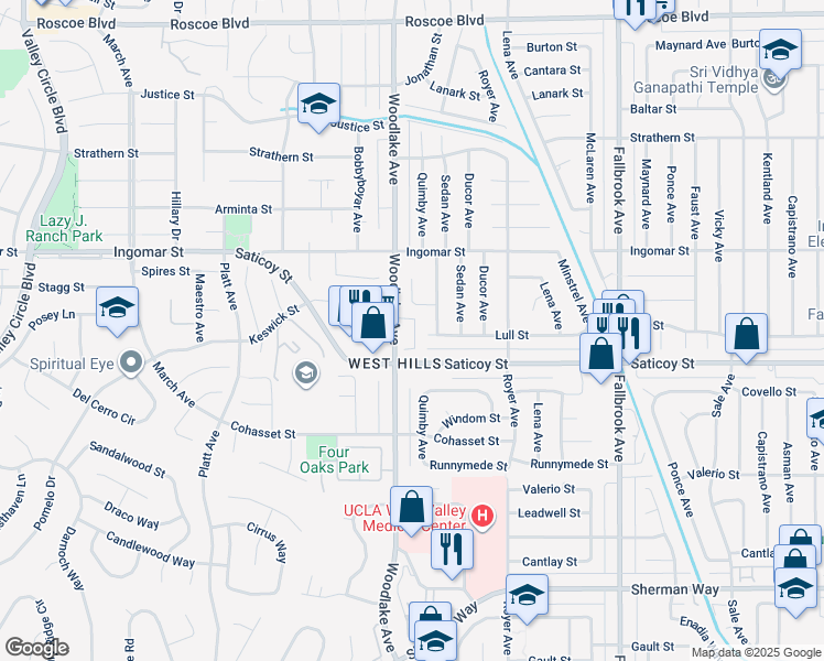 map of restaurants, bars, coffee shops, grocery stores, and more near 7659 Balasiano Avenue in Los Angeles