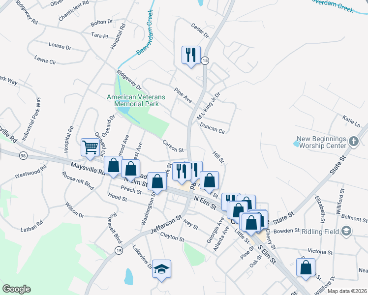 map of restaurants, bars, coffee shops, grocery stores, and more near 27 Carson Street in Commerce