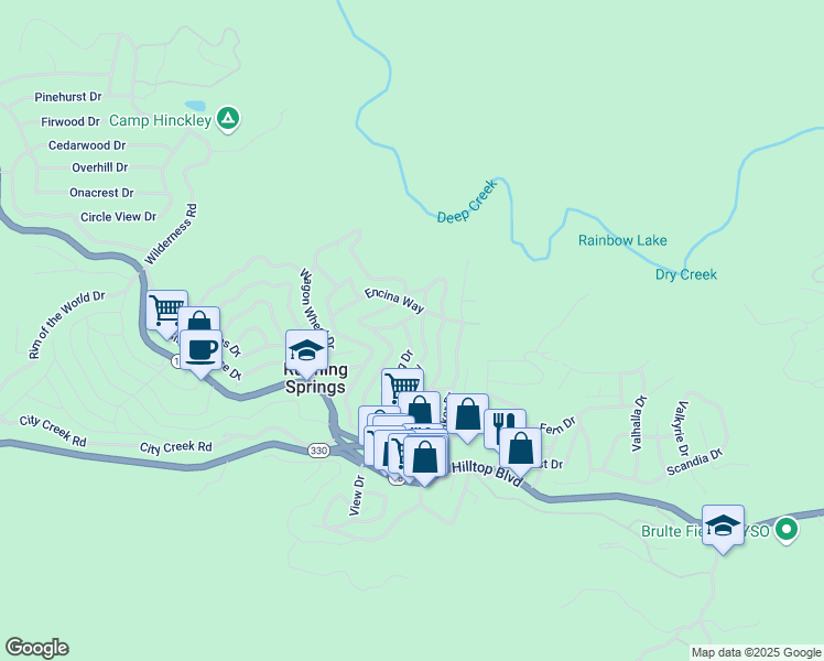 map of restaurants, bars, coffee shops, grocery stores, and more near 2445 Spring Drive in Running Springs