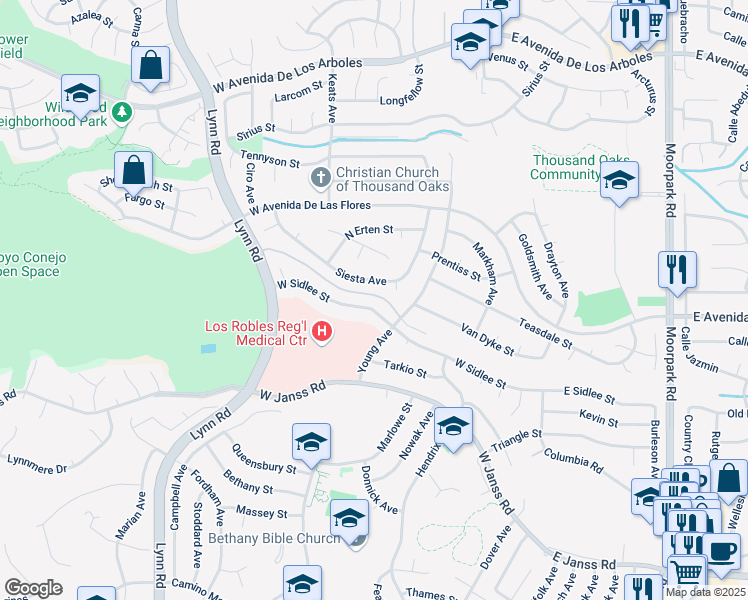 map of restaurants, bars, coffee shops, grocery stores, and more near 183 West Sidlee Street in Thousand Oaks