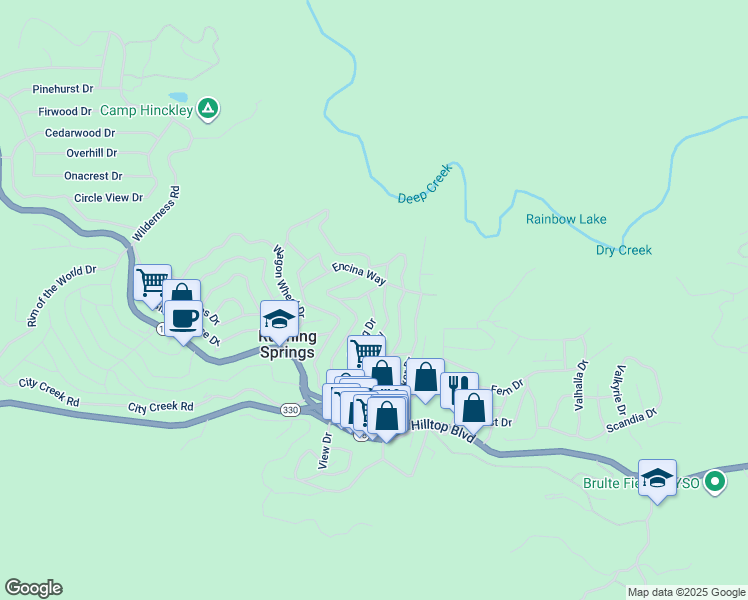 map of restaurants, bars, coffee shops, grocery stores, and more near 2445 Spring Drive in Running Springs