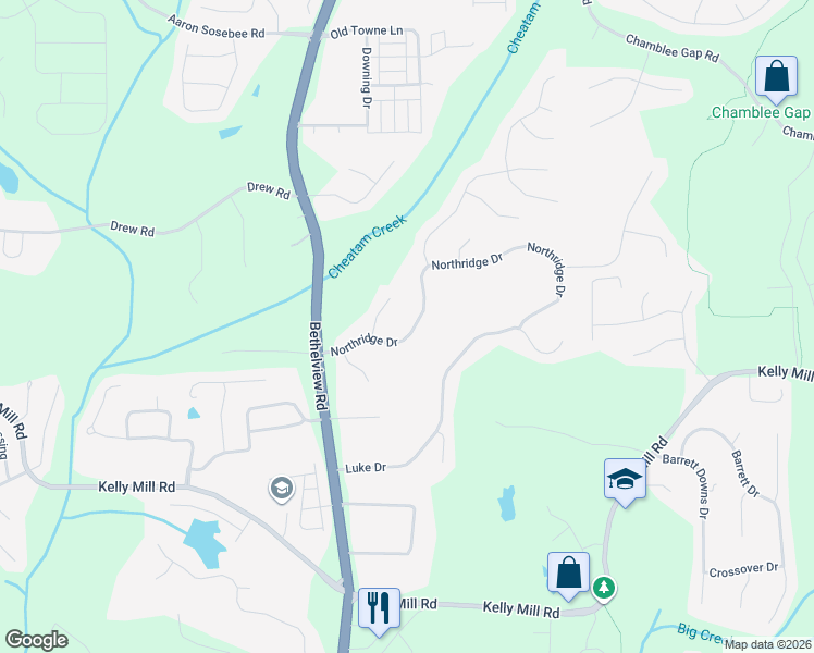 map of restaurants, bars, coffee shops, grocery stores, and more near 4065 Northridge Drive in Cumming