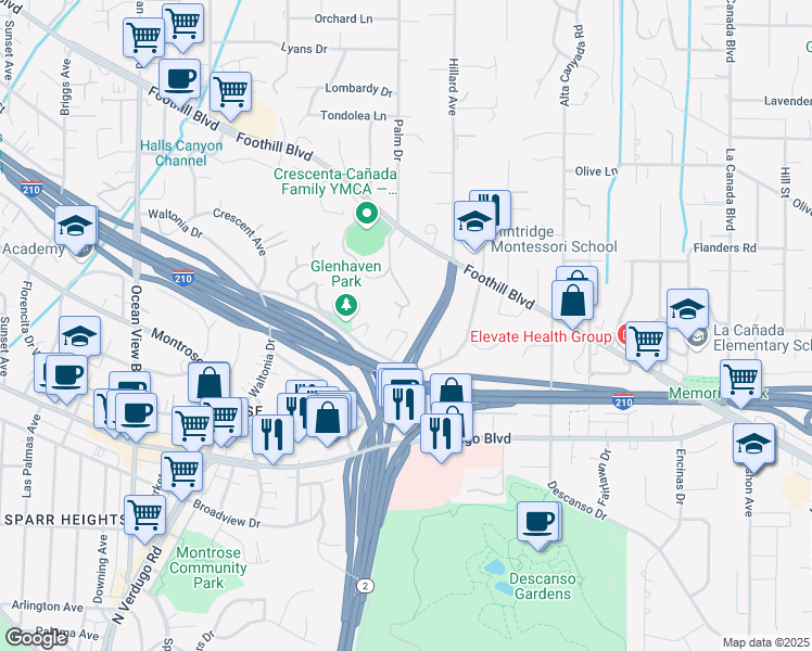 map of restaurants, bars, coffee shops, grocery stores, and more near 4405 Vista Place in La Cañada Flintridge