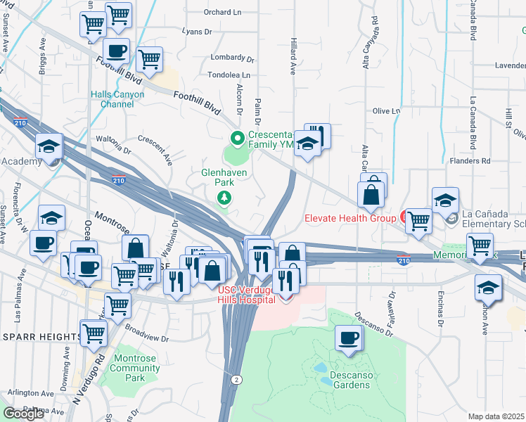 map of restaurants, bars, coffee shops, grocery stores, and more near 4405 Vista Place in La Cañada Flintridge