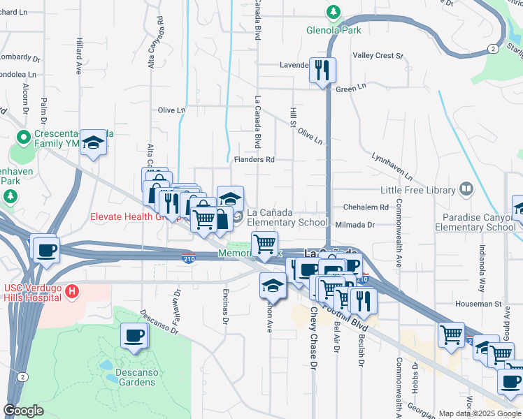 map of restaurants, bars, coffee shops, grocery stores, and more near 4702 La Canada Boulevard in La Cañada Flintridge