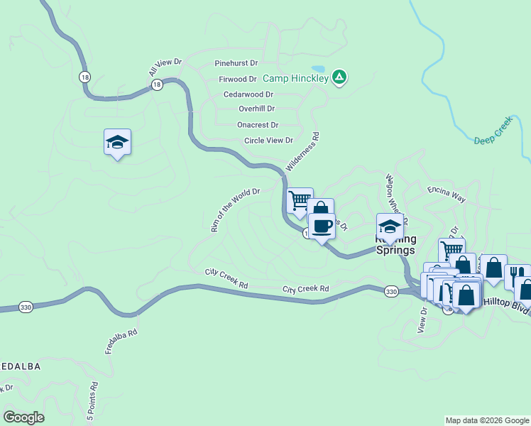 map of restaurants, bars, coffee shops, grocery stores, and more near 31483 Pleasant Drive in Running Springs