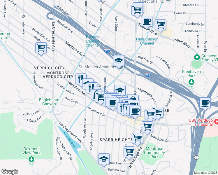 map of restaurants, bars, coffee shops, grocery stores, and more near 2435 Florencita Drive West in La Crescenta-Montrose