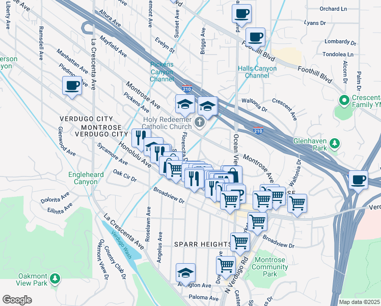 map of restaurants, bars, coffee shops, grocery stores, and more near 2435 Florencita Drive West in La Crescenta-Montrose