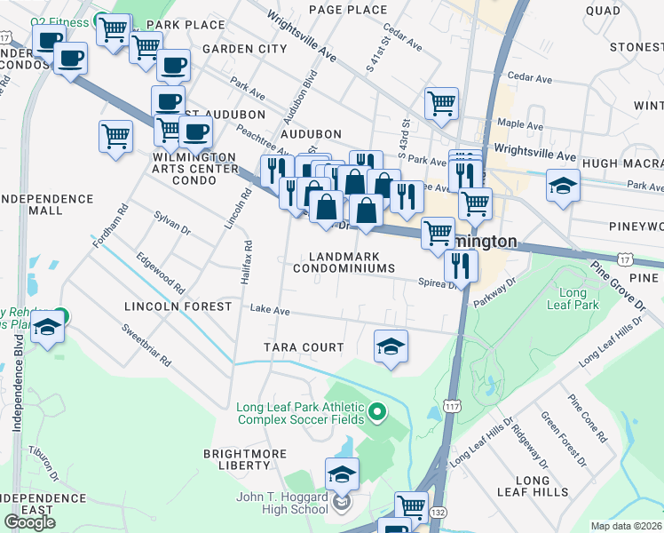 map of restaurants, bars, coffee shops, grocery stores, and more near 4186 Spirea Drive in Wilmington