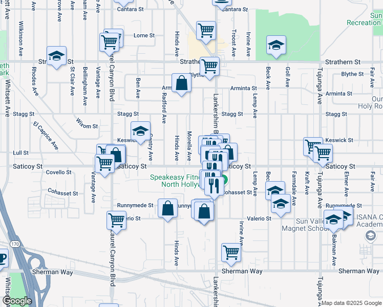 map of restaurants, bars, coffee shops, grocery stores, and more near 7628 Morella Avenue in Los Angeles