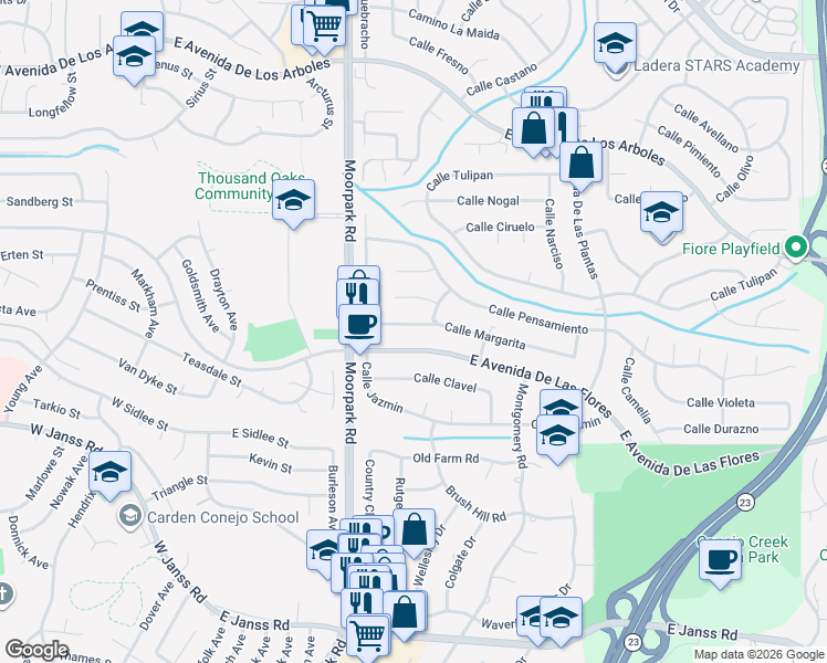 map of restaurants, bars, coffee shops, grocery stores, and more near 734 Calle Margarita in Thousand Oaks