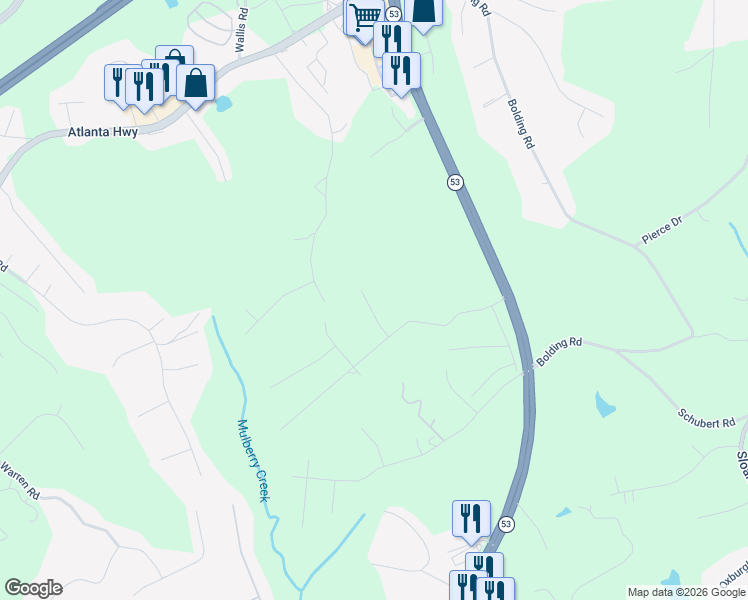 map of restaurants, bars, coffee shops, grocery stores, and more near 3668 Misty Oak Drive in Flowery Branch