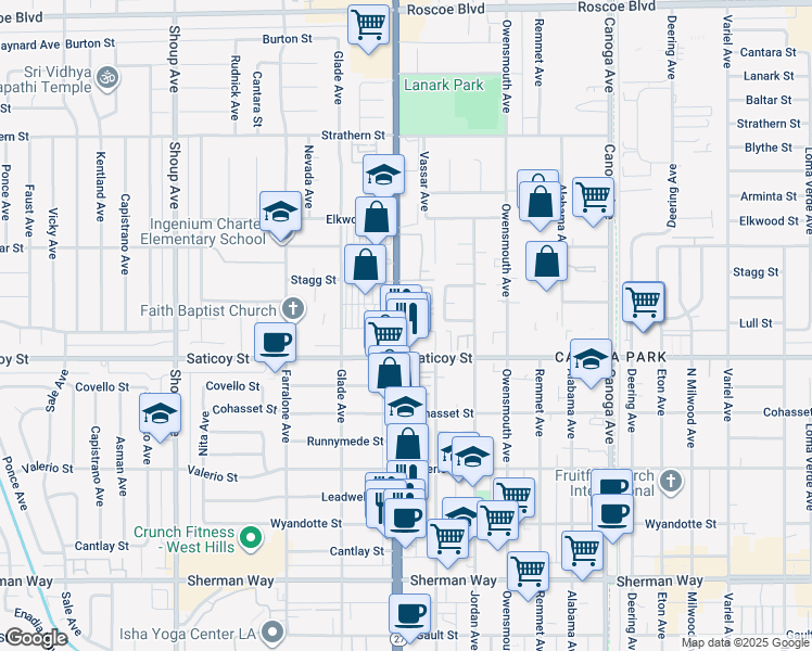 map of restaurants, bars, coffee shops, grocery stores, and more near 7632 Topanga Canyon Boulevard in Los Angeles