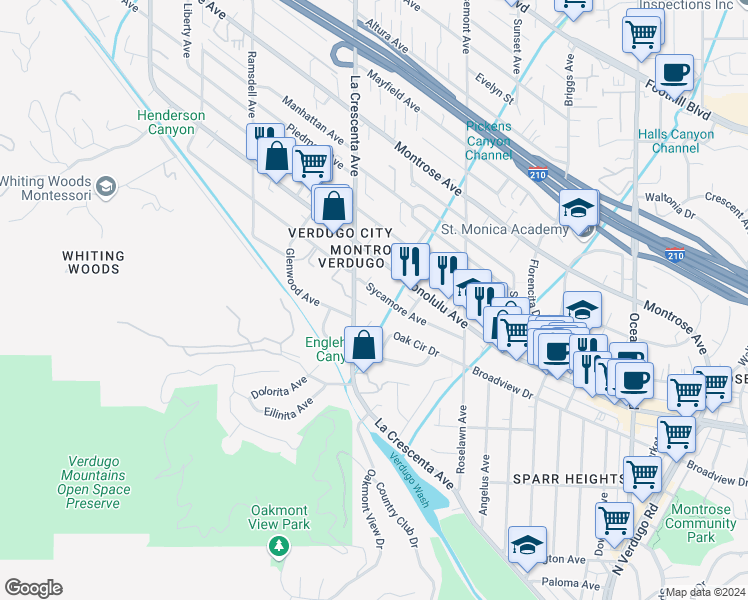 map of restaurants, bars, coffee shops, grocery stores, and more near 2734 Sycamore Avenue in Glendale