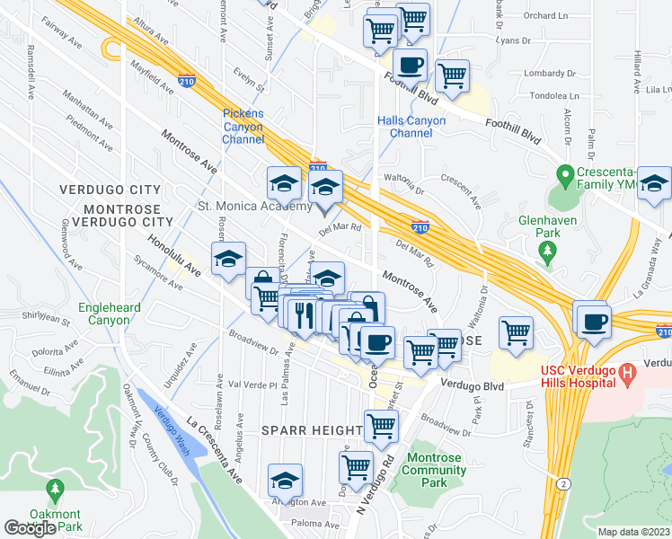 map of restaurants, bars, coffee shops, grocery stores, and more near 4439 Ocean View Boulevard in La Crescenta-Montrose