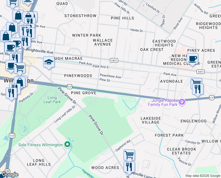 map of restaurants, bars, coffee shops, grocery stores, and more near 5013 Oleander Drive in Wilmington