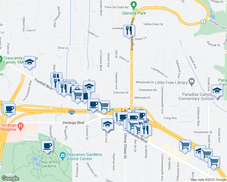 map of restaurants, bars, coffee shops, grocery stores, and more near 1111 Fairview Drive in La Cañada Flintridge