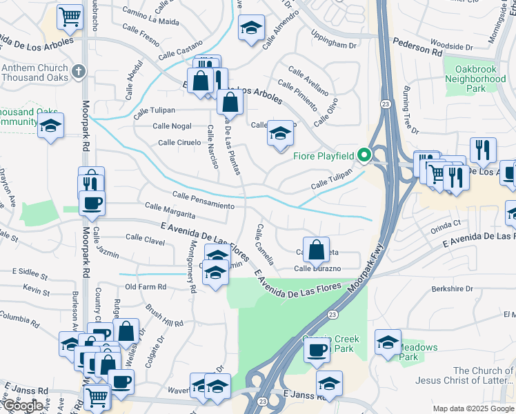 map of restaurants, bars, coffee shops, grocery stores, and more near 1233 Calle Pensamiento in Thousand Oaks