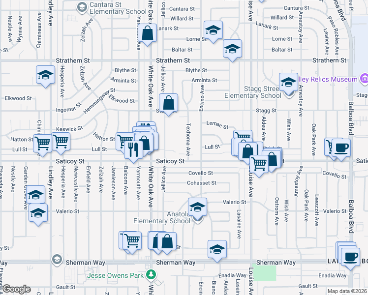 map of restaurants, bars, coffee shops, grocery stores, and more near 7631 Texhoma Avenue in Los Angeles