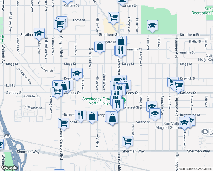 map of restaurants, bars, coffee shops, grocery stores, and more near 7632 Morella Avenue in Los Angeles