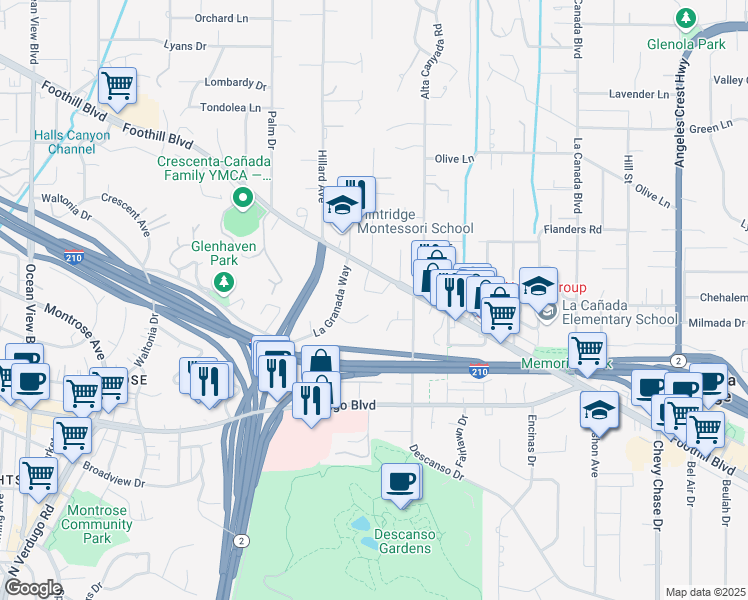 map of restaurants, bars, coffee shops, grocery stores, and more near 4402 El Camino Corto in La Cañada Flintridge