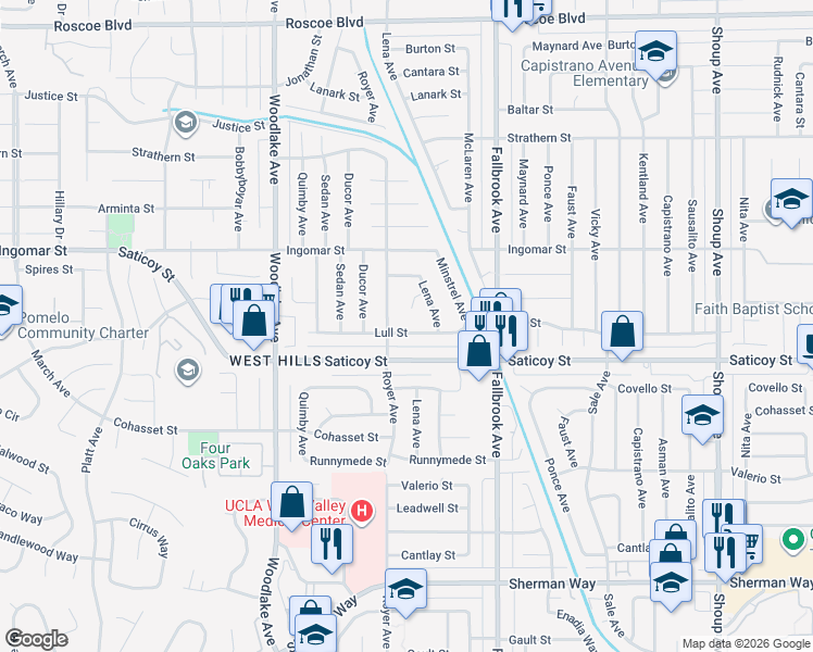 map of restaurants, bars, coffee shops, grocery stores, and more near 22939 Lull Street in Los Angeles