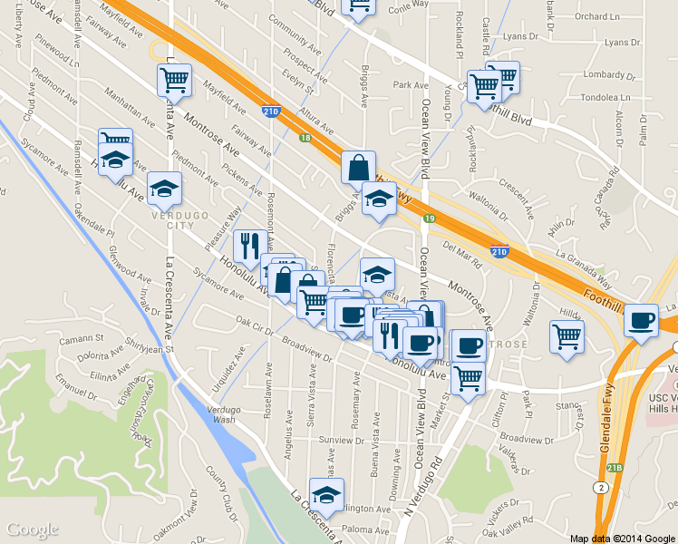 map of restaurants, bars, coffee shops, grocery stores, and more near 3921 Orangedale Avenue in La Crescenta-Montrose