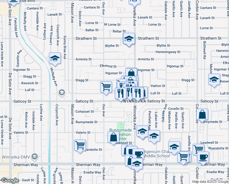 map of restaurants, bars, coffee shops, grocery stores, and more near 20211 Saticoy Street in Los Angeles